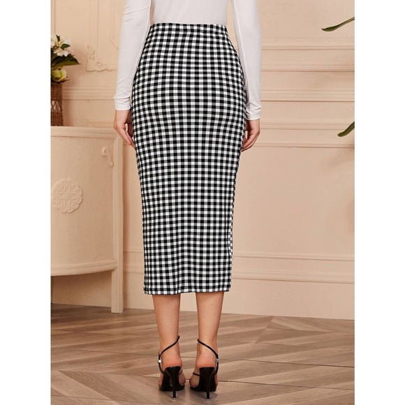 Gingham plaid Pencil midi Skirt black white - Picture 2 of 5